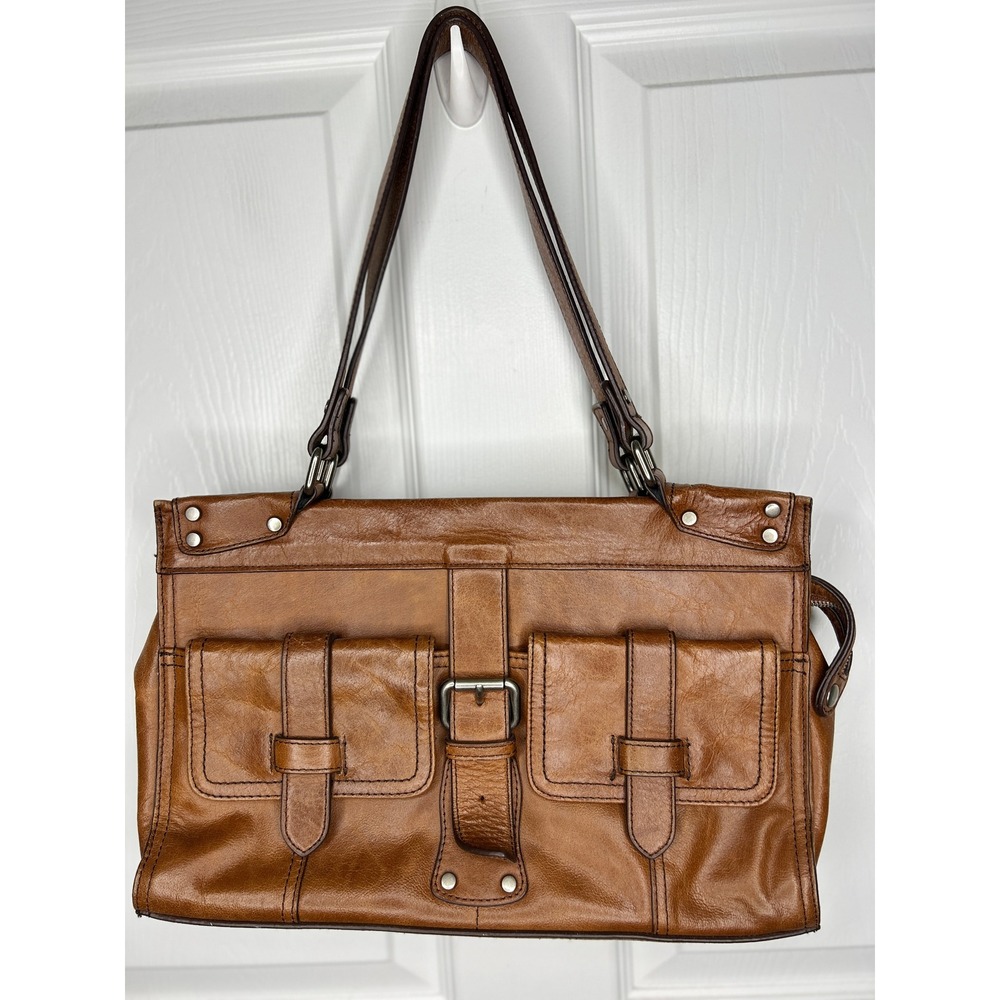 Born Leather Satchel Shoulder Bag Cognac Brown Buckle Pocket Floral Embossed